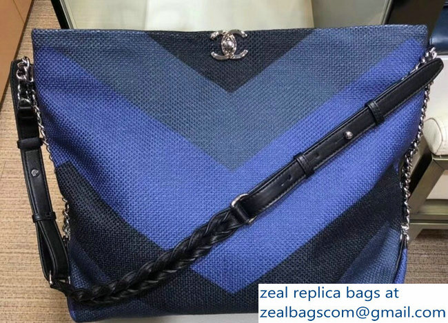 Chanel Braided Handle Chevron Canvas Shopping Tote Bag A95105 Blue 2018