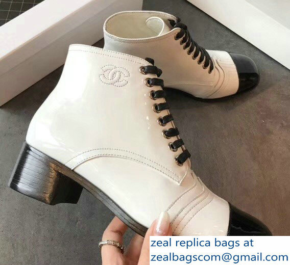 Chanel Calfskin Lace-Ups Ankle Boots G33855 Patent White/Black 2018