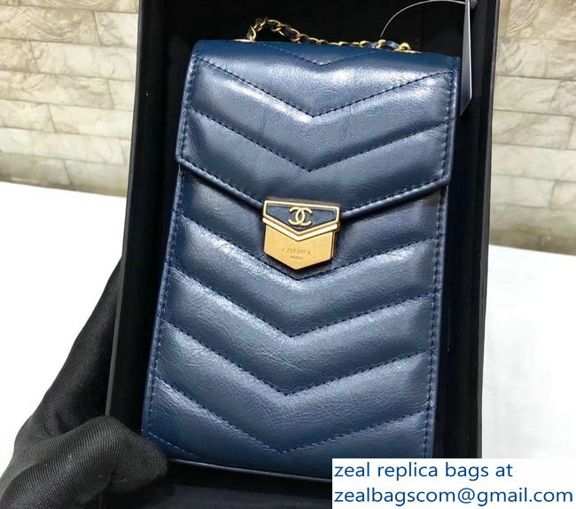 Chanel Chevron Vintage Logo Calfskin Clutch with Chain Phone Bag A81226 Navy Blue 2018