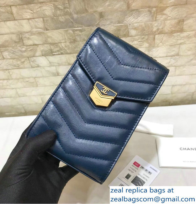 Chanel Chevron Vintage Logo Calfskin Clutch with Chain Phone Bag A81226 Navy Blue 2018