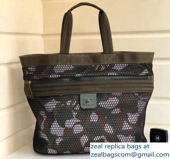Chanel Fabric/Mesh Sporty CC Large Shopping Tote Bag Khaki
