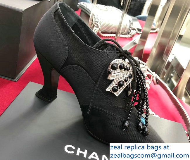Chanel Heel 9cm Grosgrain and Jewels Lace-Ups Shoes G33805 Black 2018