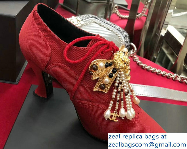 Chanel Heel 9cm Grosgrain and Jewels Lace-Ups Shoes G33805 Red 2018