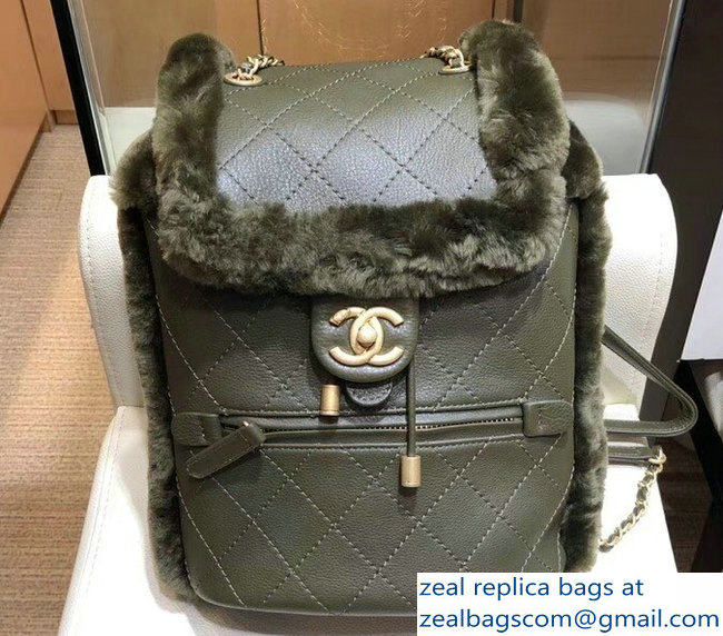 Chanel Lambskin/Shearling CC Backpack Bag A57497 Dark Green 2018