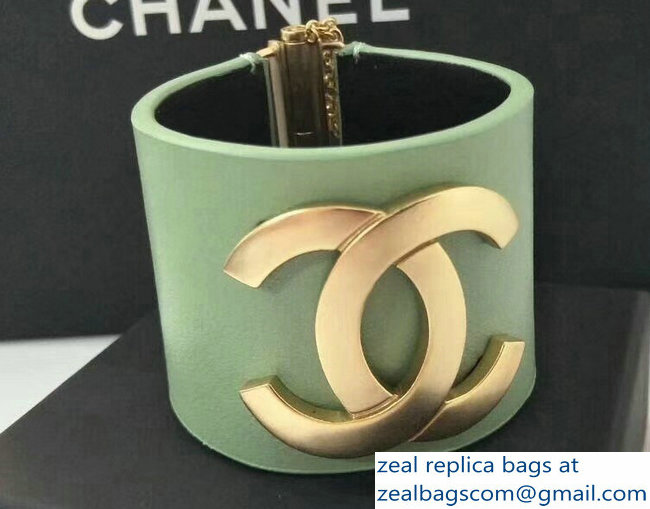 Chanel Leather CC Cuff Bracelet Light Green 2018