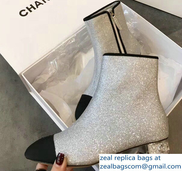 Chanel Short Boots G33840 Grosgrain Glitter Silver 2018
