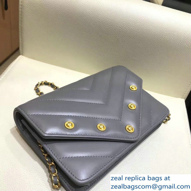 Chanel Studded Chevron Lambskin Wallet On Chain WOC Envelope Bag Gray 2018