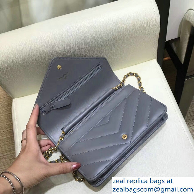 Chanel Studded Chevron Lambskin Wallet On Chain WOC Envelope Bag Gray 2018