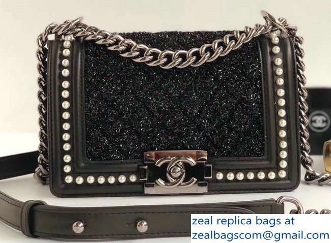 Chanel Tweed Pearls Small Boy Flap Bag Black 2018