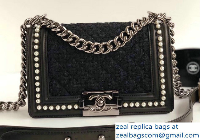 Chanel Tweed Pearls Small Boy Flap Bag Black/Navy Blue 2018