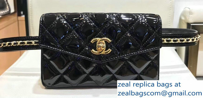 Chanel Vintage Chain Belt Quilted Fanny Pack Waist Flap Bag Patent Black 2018