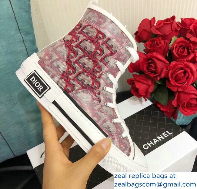 Dior Oblique Jacquard Canvas High-Top Sneakers Red 2018 - Click Image to Close