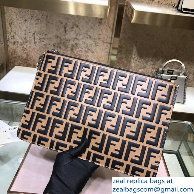 Fendi FF Logo Leather Pochette Pouch Clutch Bag Brown 2018