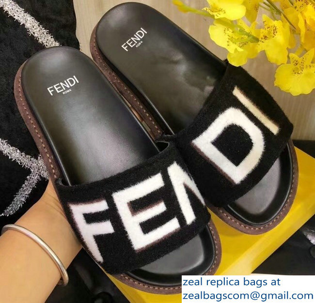 Fendi Fabric Black Slides Sandals Logo White 2018 - Click Image to Close