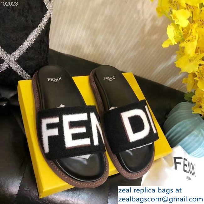 Fendi Fabric Black Slides Sandals Logo White 2018