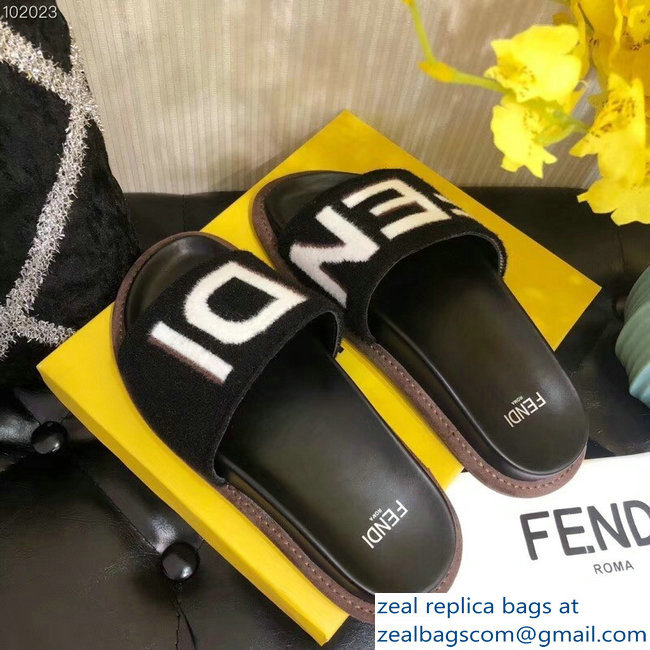 Fendi Fabric Black Slides Sandals Logo White 2018 - Click Image to Close