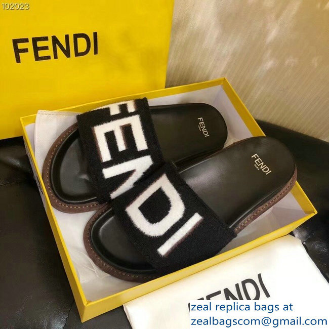Fendi Fabric Black Slides Sandals Logo White 2018 - Click Image to Close