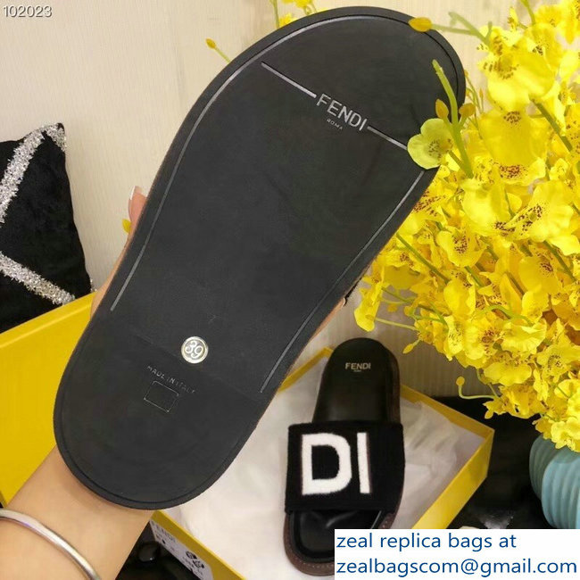 Fendi Fabric Black Slides Sandals Logo White 2018 - Click Image to Close