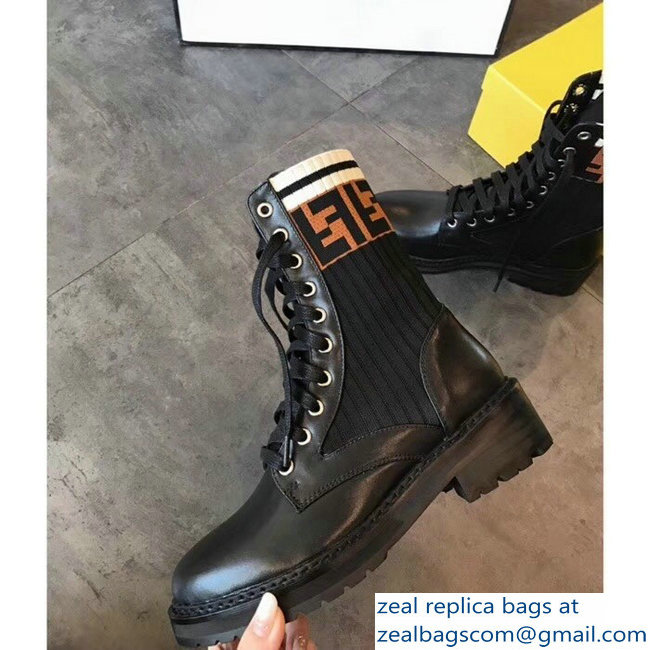 Fendi Heel 3cm FF Logo Rockoko Combat Ankle Boots Black 2018