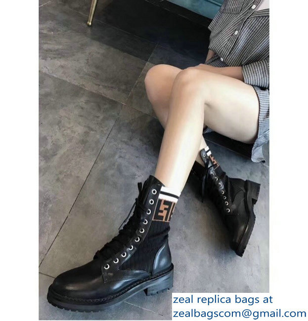 Fendi Heel 3cm FF Logo Rockoko Combat Ankle Boots Black 2018