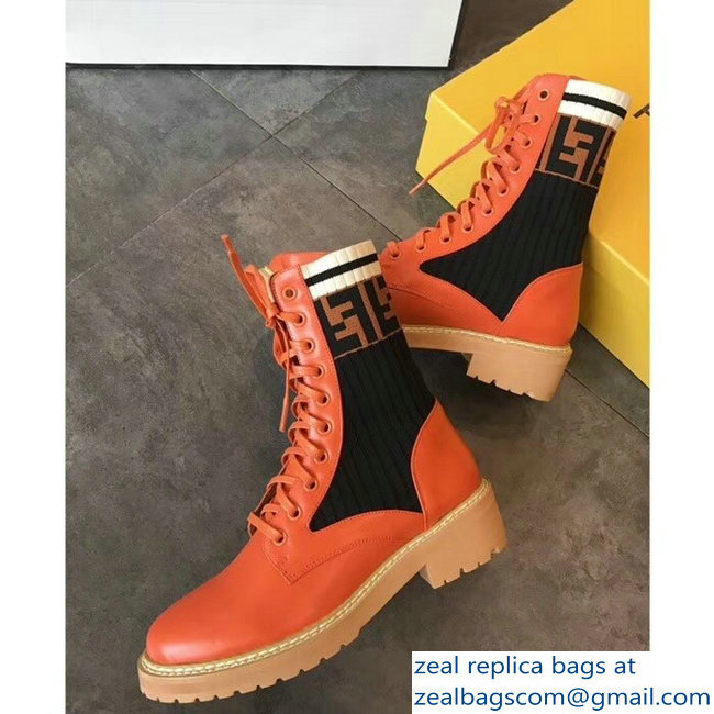 Fendi Heel 3cm FF Logo Rockoko Combat Ankle Boots Orange 2018