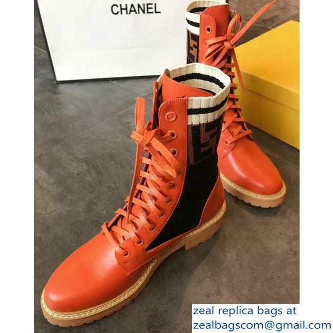 Fendi Heel 3cm FF Logo Rockoko Combat Ankle Boots Orange 2018