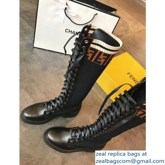 Fendi Heel 3cm FF Logo Rockoko Combat Boots Black 2018