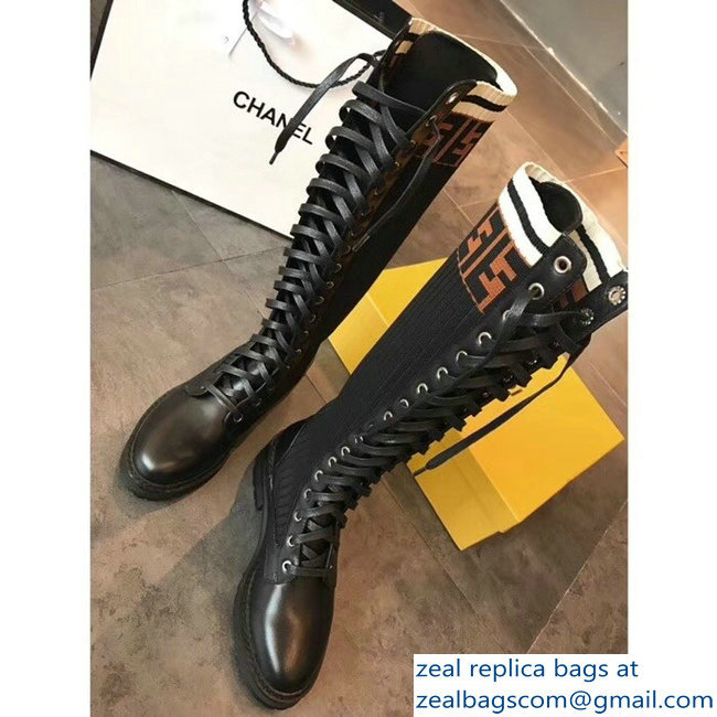 Fendi Heel 3cm FF Logo Rockoko Combat Boots Black 2018
