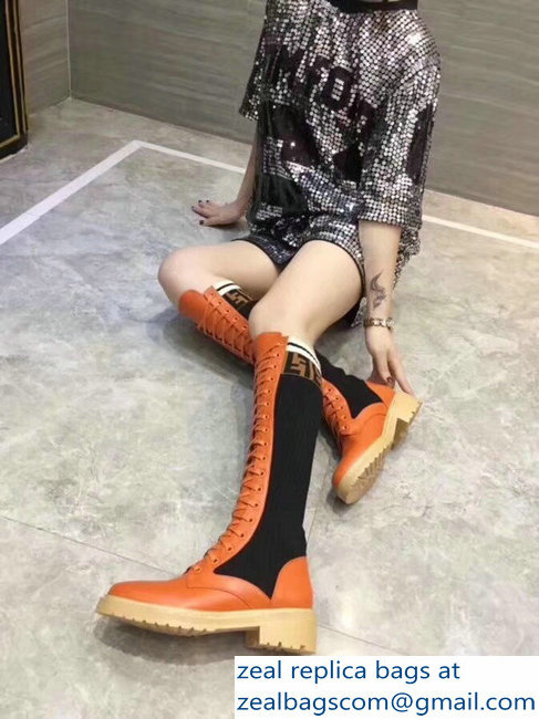 Fendi Heel 3cm FF Logo Rockoko Combat Boots Orange 2018