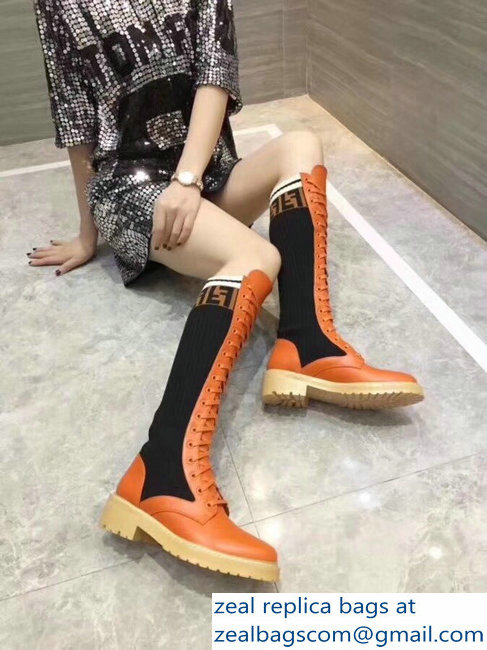 Fendi Heel 3cm FF Logo Rockoko Combat Boots Orange 2018