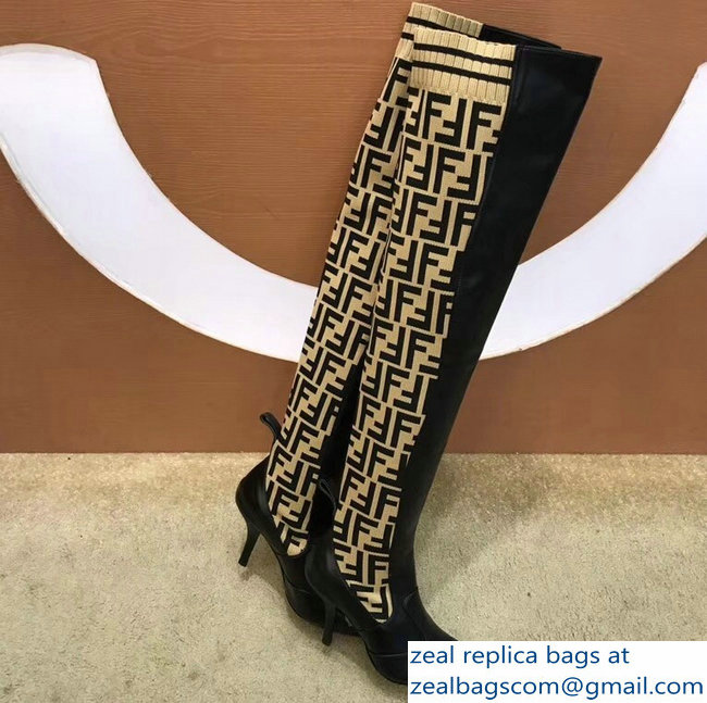 Fendi Heel 9.5cm FF Logo Thigh-High Boots Black Leather 2018 - Click Image to Close