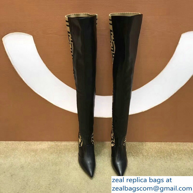 Fendi Heel 9.5cm FF Logo Thigh-High Boots Black Leather 2018 - Click Image to Close