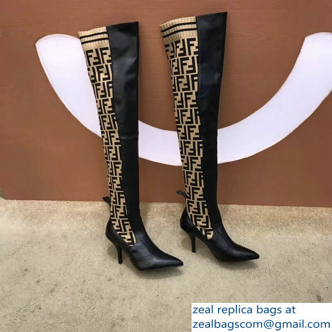 Fendi Heel 9.5cm FF Logo Thigh-High Boots Black Leather 2018