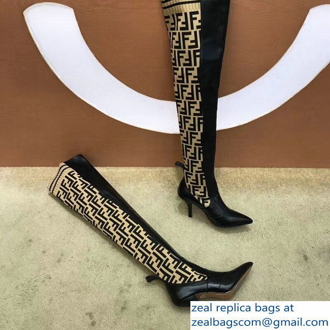 Fendi Heel 9.5cm FF Logo Thigh-High Boots Black Leather 2018 - Click Image to Close