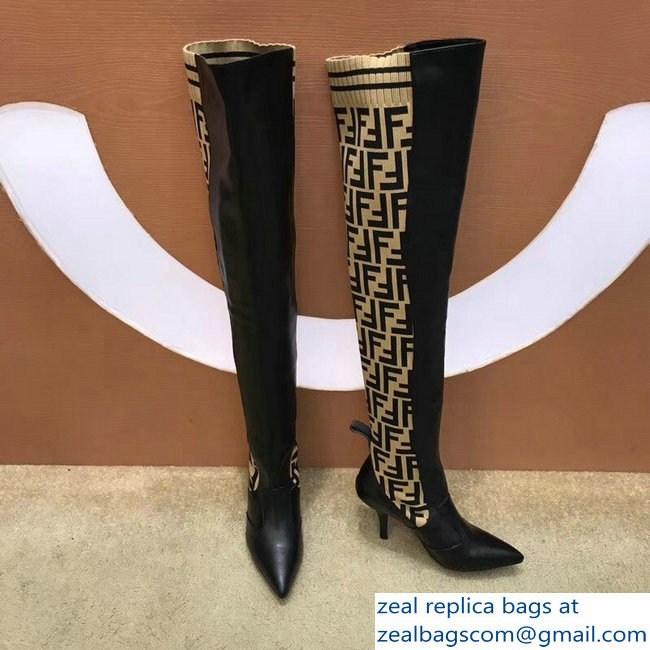 Fendi Heel 9.5cm FF Logo Thigh-High Boots Black Leather 2018 - Click Image to Close