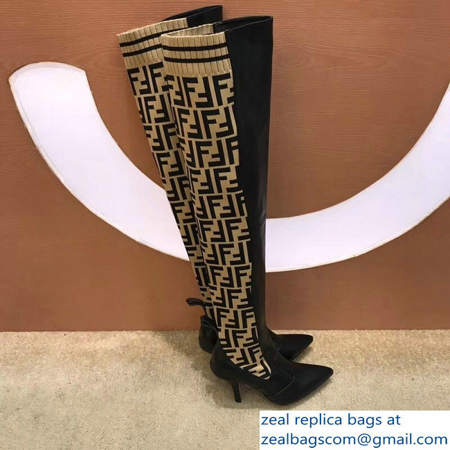 Fendi Heel 9.5cm FF Logo Thigh-High Boots Black Leather 2018