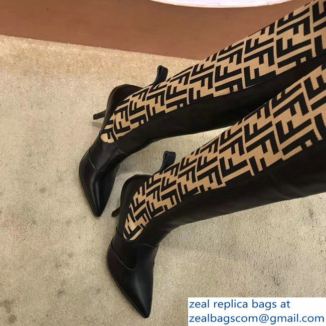 Fendi Heel 9.5cm FF Logo Thigh-High Boots Black Leather 2018 - Click Image to Close