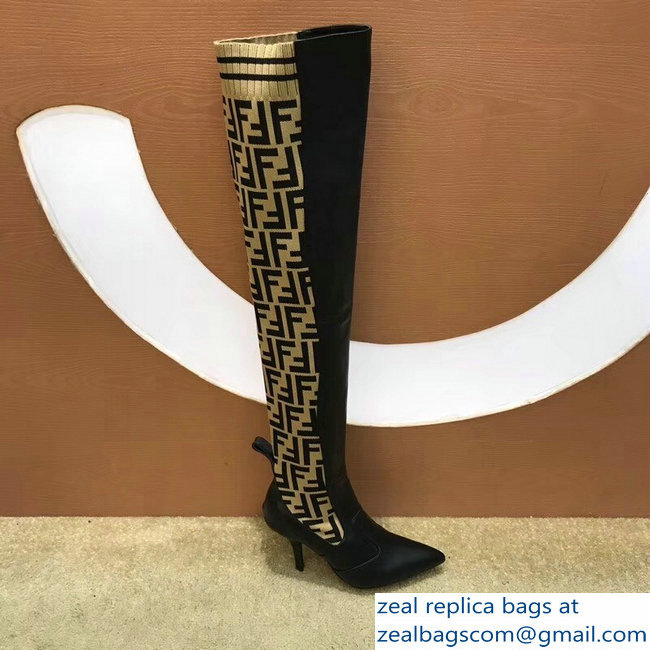 Fendi Heel 9.5cm FF Logo Thigh-High Boots Black Leather 2018 - Click Image to Close