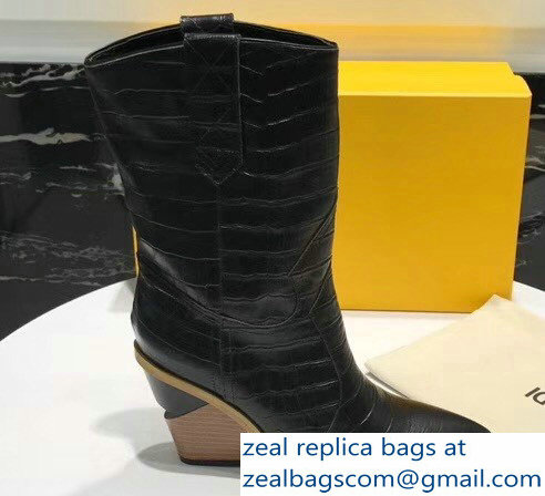 Fendi Heel 9cm Crocodile-Embossed Ankle Boots Black 2018