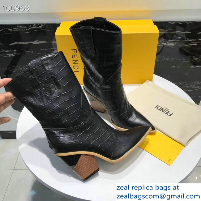 Fendi Heel 9cm Crocodile-Embossed Ankle Boots Black 2018