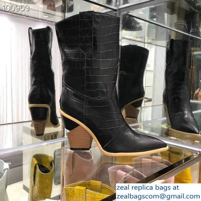 Fendi Heel 9cm Crocodile-Embossed Ankle Boots Black 2018