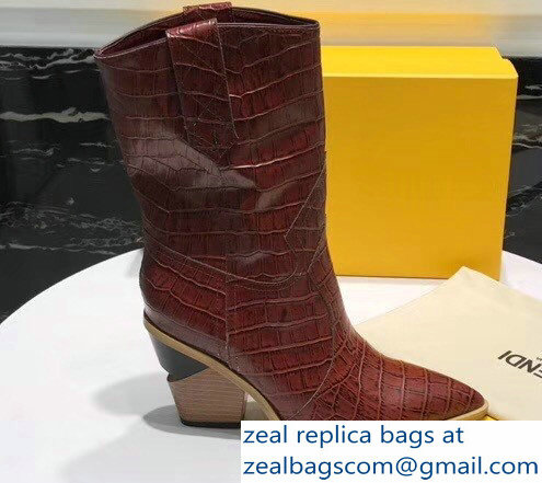 Fendi Heel 9cm Crocodile-Embossed Ankle Boots Burgundy 2018