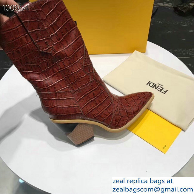 Fendi Heel 9cm Crocodile-Embossed Ankle Boots Burgundy 2018