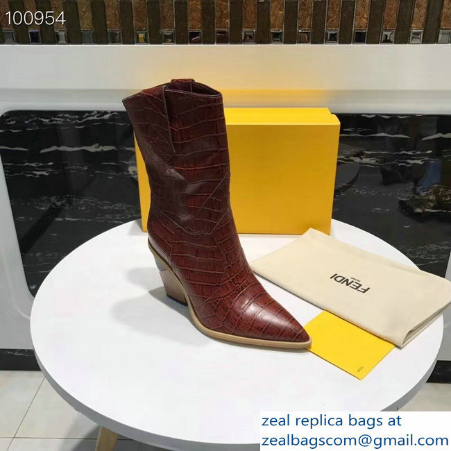 Fendi Heel 9cm Crocodile-Embossed Ankle Boots Burgundy 2018