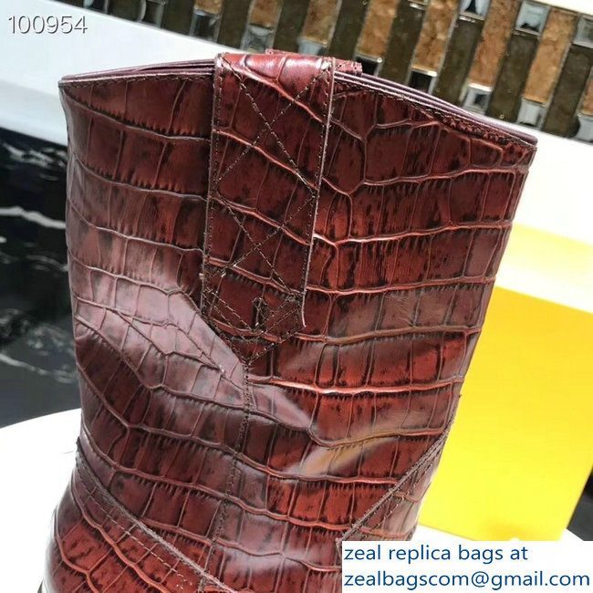 Fendi Heel 9cm Crocodile-Embossed Ankle Boots Burgundy 2018