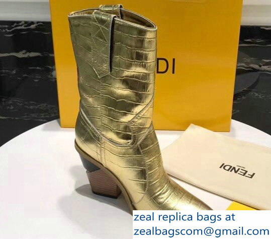 Fendi Heel 9cm Crocodile-Embossed Ankle Boots Gold 2018