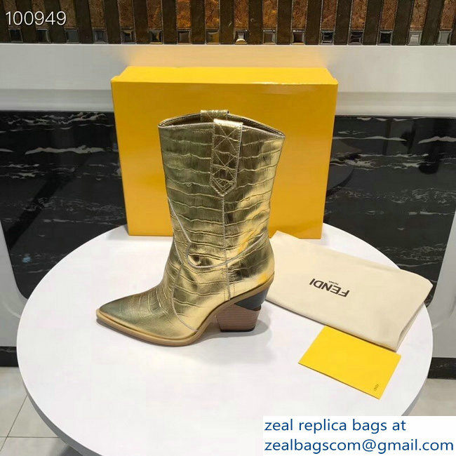 Fendi Heel 9cm Crocodile-Embossed Ankle Boots Gold 2018