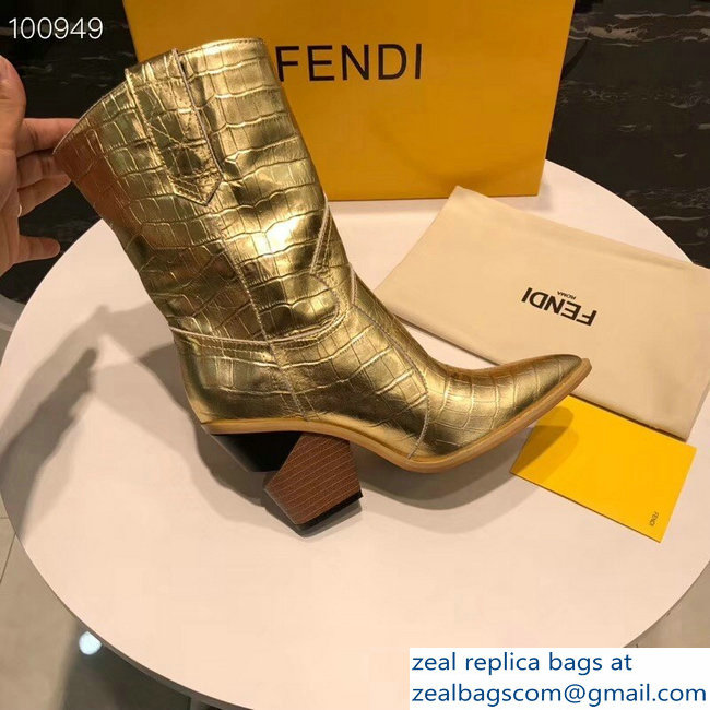 Fendi Heel 9cm Crocodile-Embossed Ankle Boots Gold 2018