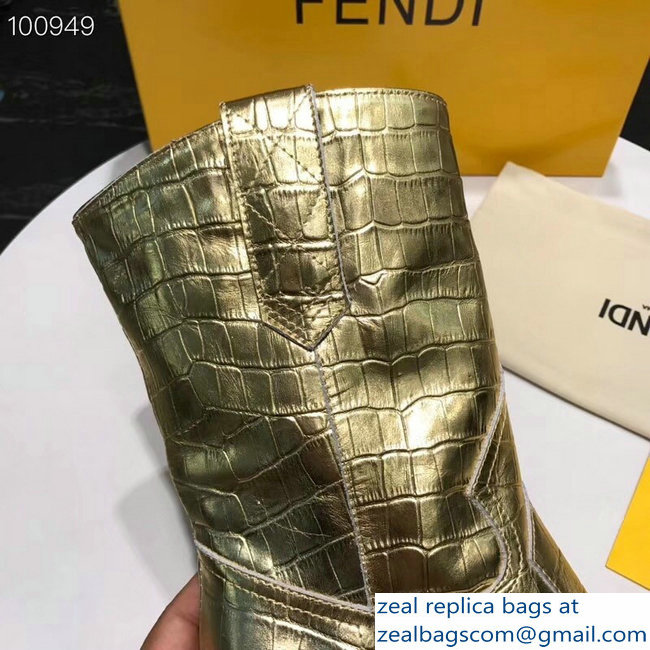 Fendi Heel 9cm Crocodile-Embossed Ankle Boots Gold 2018