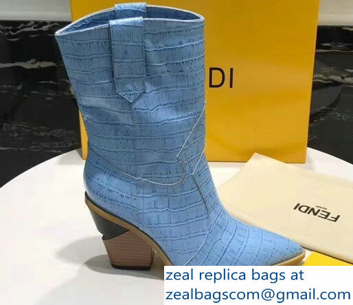 Fendi Heel 9cm Crocodile-Embossed Ankle Boots Light Blue 2018 - Click Image to Close